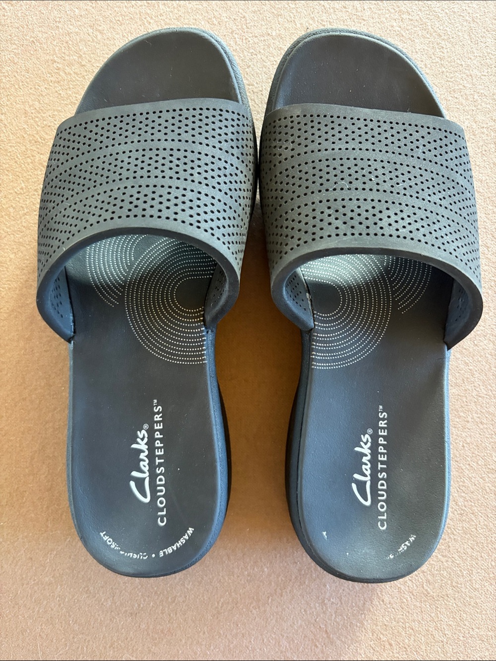 Clarks Black Perforated Slide Sandals